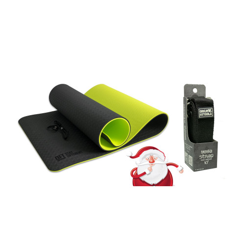 Коврик для йоги 10 мм двухслойный черно-зеленый с ремешком для йоги в подарок